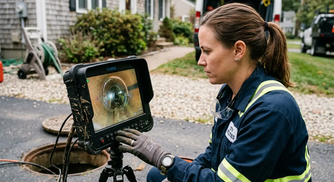 Technician reviewing sewer camera inspection footage in Westwood