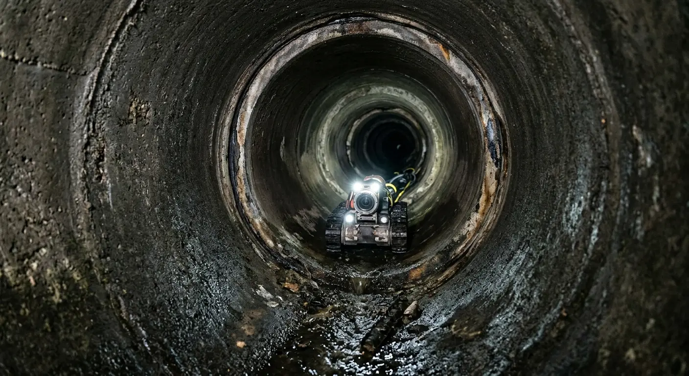 Robotic sewer camera inspecting pipe interior for Sewer Line Cleaning in Westwood