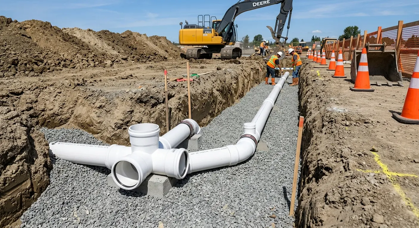New PVC sewer pipe installation in open trench for Commercial Drain Cleaning in Westwood